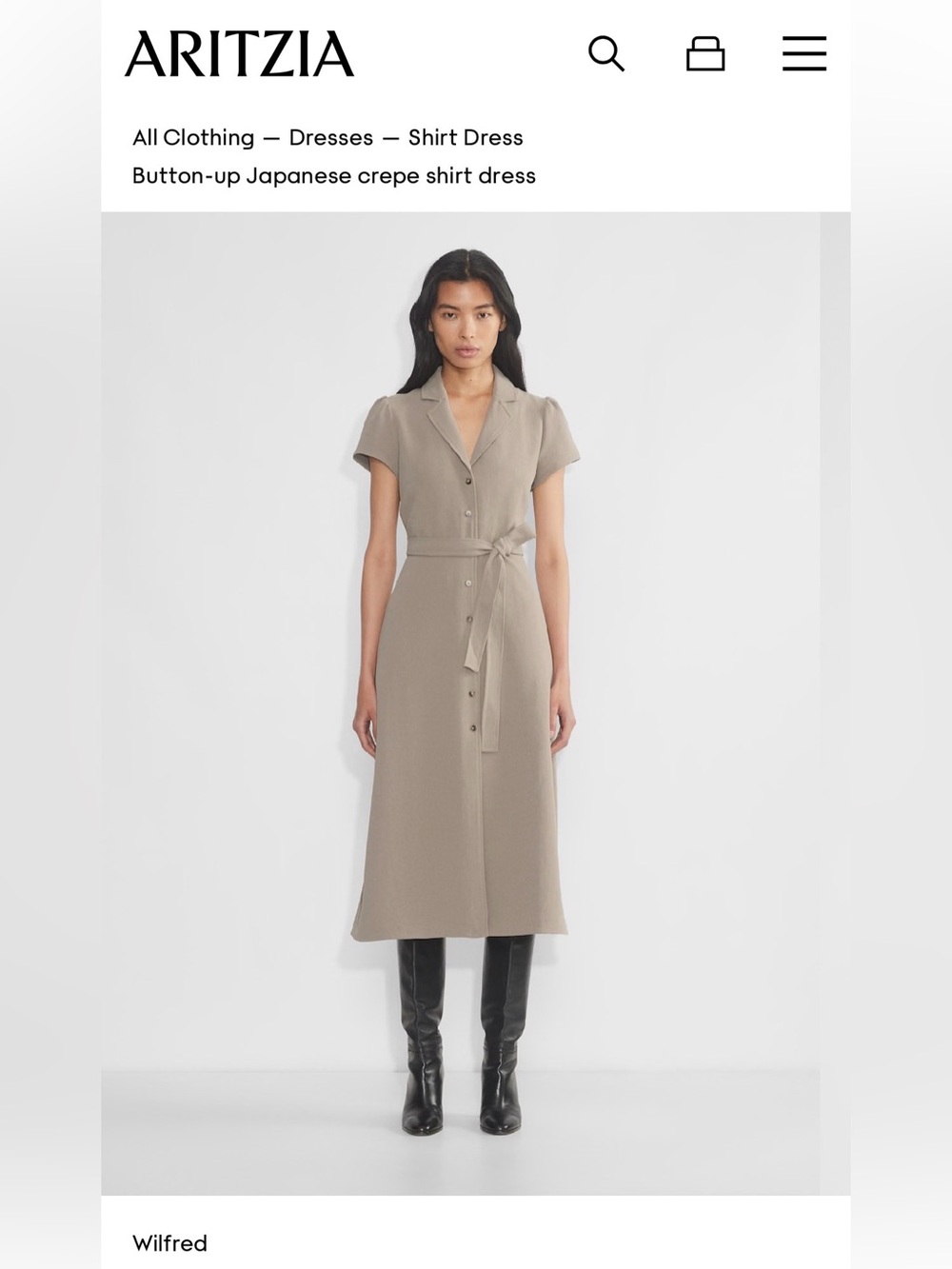 Aritzia Wilfred Nomad Taupe Button-Up Crepe Shirt Dress M Medium NWT